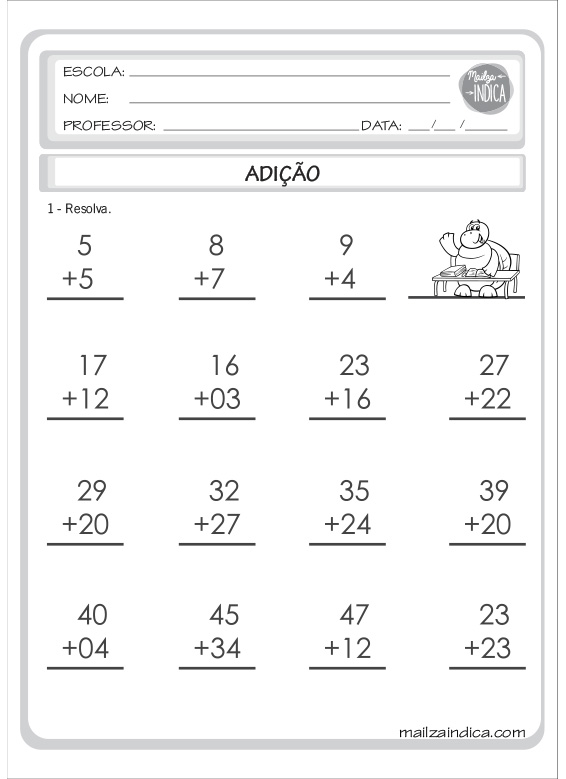 Atividades de matemática 1º ano - gráfico, adição e subtração em PDF